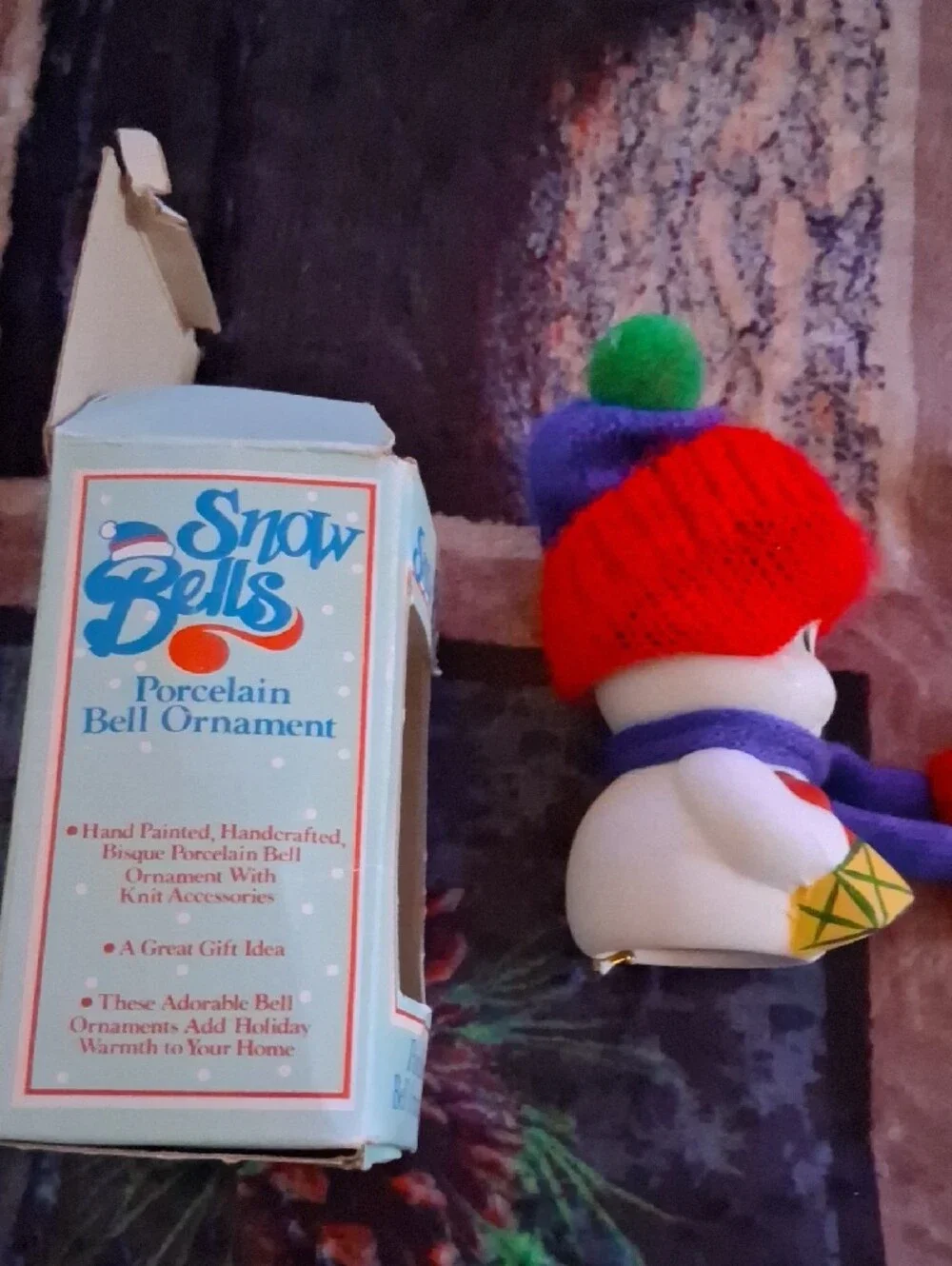 Porcelain Snowman Bell Ornament - Red Hat, Purple Scarf